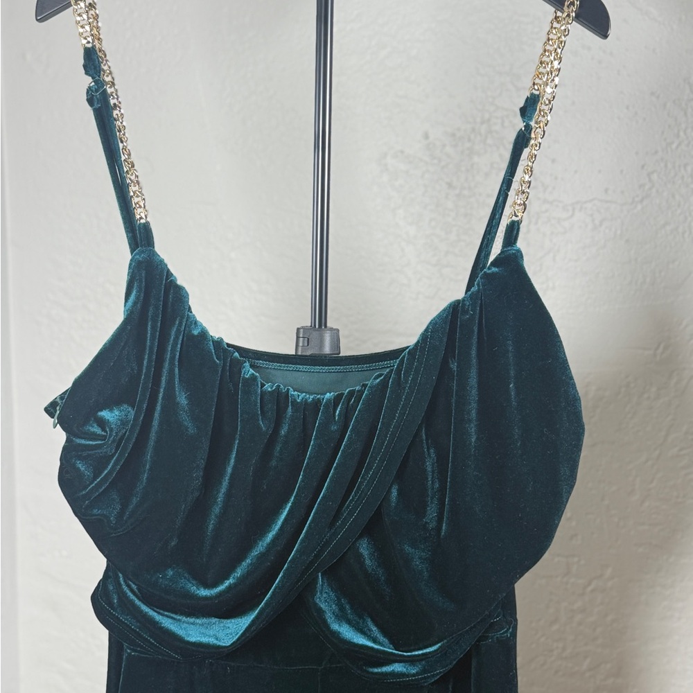 Cider Emerald Green Velvet Jumpsuit with Draped Bust and Chain Straps - Picture 3 of 7